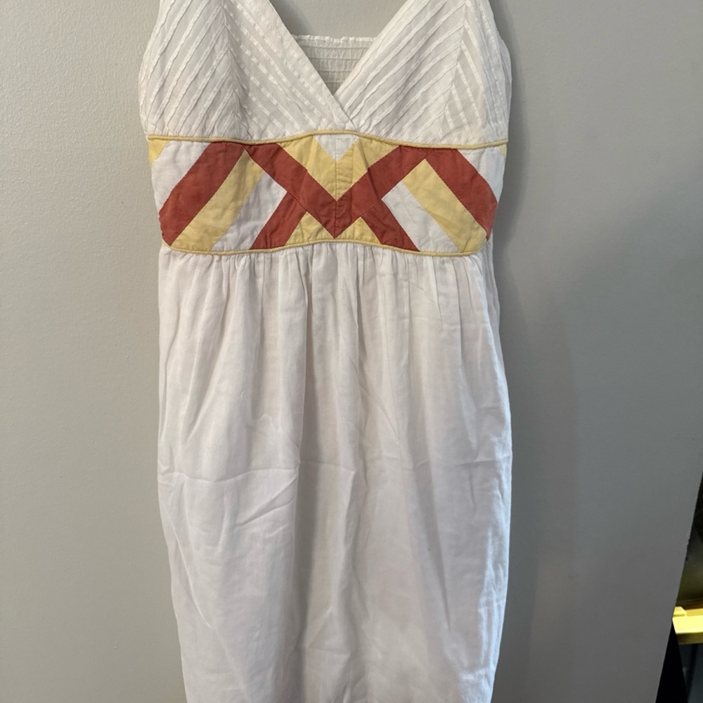 Spaghetti straps White Dress 100% cotton with Orange and Yellow Accents size S